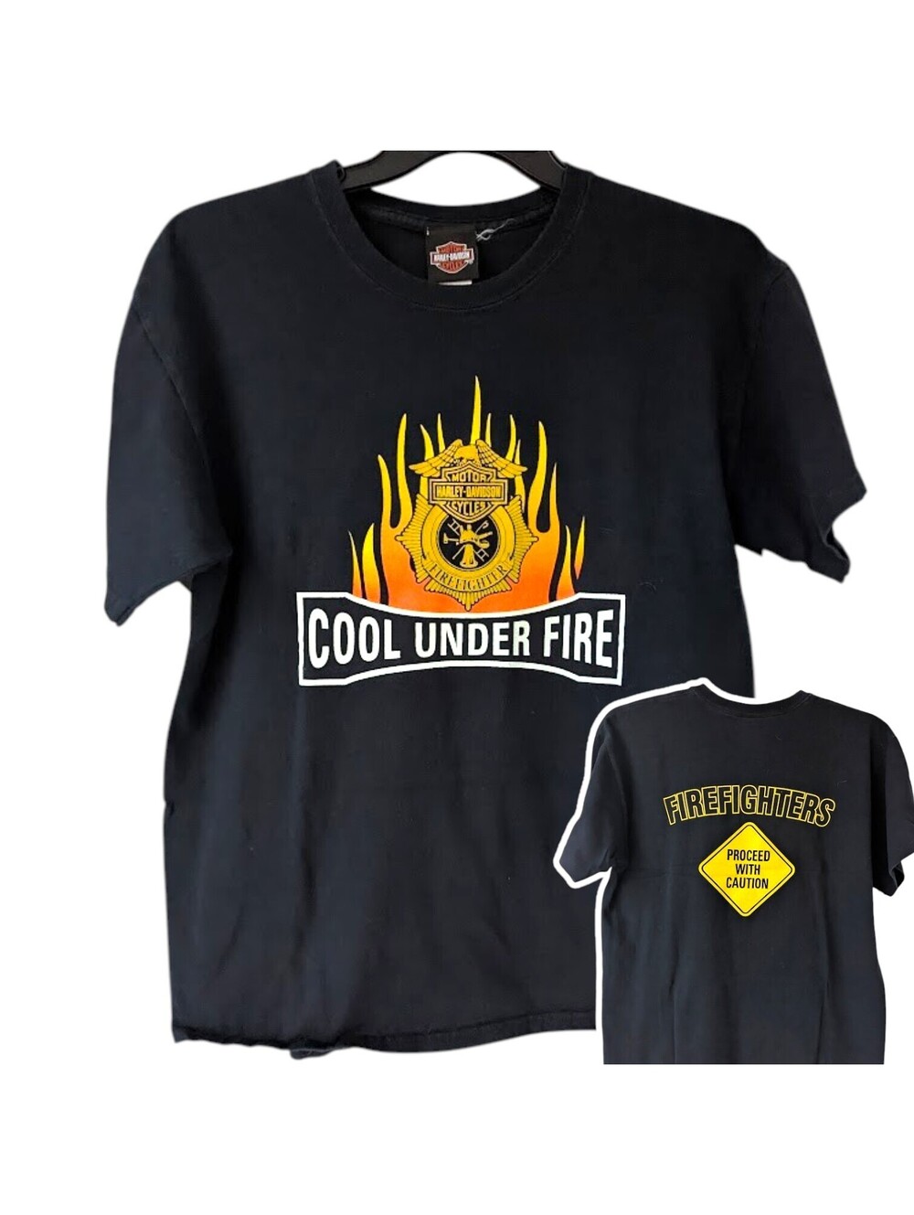 Vintage Y2K Harley Davidson Firefighters Cool Under Fire T Shirt Mens L 21.5x28